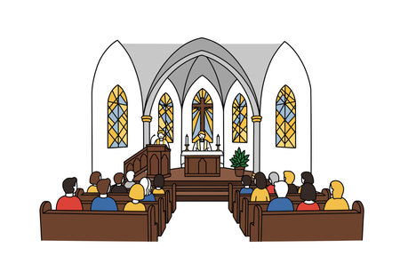 Church service clip art. This image shows a church service with a congregation seated in pews, listening to a sermon. Vector illustration design.のイラスト素材