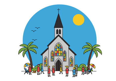 Religious summer clipart. Church with stained glass windows surrounded by people, palm trees, and beach elements. Vector illustration design.のイラスト素材