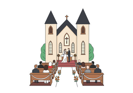 Church wedding clipart. A bride and groom stand at the altar in a church, surrounded by guests seated in pews. Vector illustration design.のイラスト素材