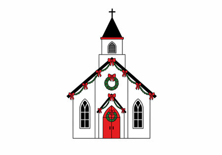 Christmas church clip art. The church is decorated with wreaths, garlands, and red bows, symbolizing festive holiday traditions. Vector illustration design.のイラスト素材