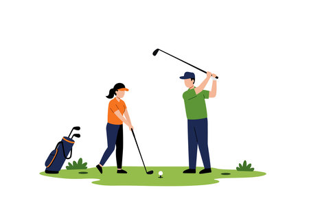 Couples golf clip art. This image shows a man and woman playing golf on a green course with clubs, balls, and a flagpole. Vector illustration design.のイラスト素材