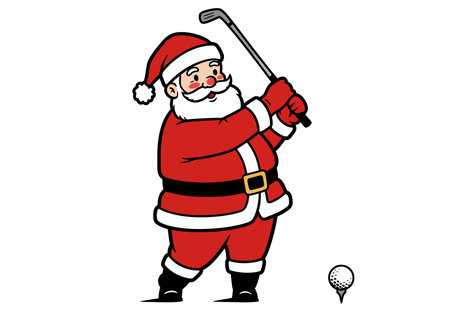 Santa golfing clipart. Santa Claus is holding a golf club and preparing to hit a golf ball on a green course decorated with holiday elements. Vector illustration design.のイラスト素材
