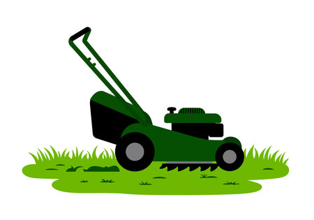 Grass cutting clip art. This image shows a green lawn mower cutting grass, highlighting gardening and lawn maintenance activities. Vector illustration design.のイラスト素材