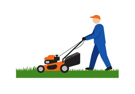 Mowing grass clipart. A person is pushing a lawn mower on a patch of grass. Vector illustration design.のイラスト素材