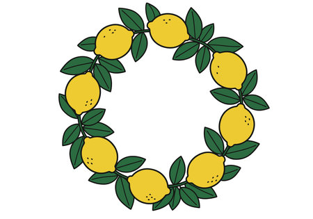 Lemon wreath clipart. Yellow lemons and green leaves arranged in a circular pattern. Vector illustration design.のイラスト素材
