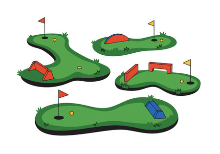 Putt putt golf clip art. This image shows a miniature golf course with colorful obstacles, windmills, flags, and holes. Vector illustration design.のイラスト素材