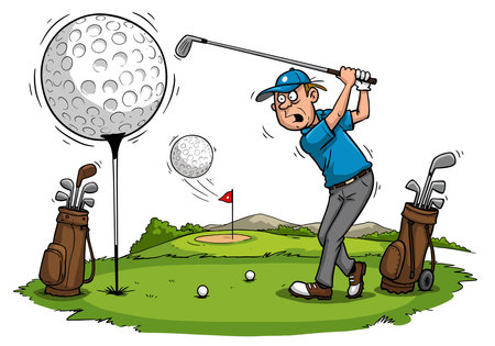 Funny golf clip art. A golfer swings a club, hitting a ball towards a hole with a flag. Two golf bags with clubs are on the green. Vector illustration design.のイラスト素材