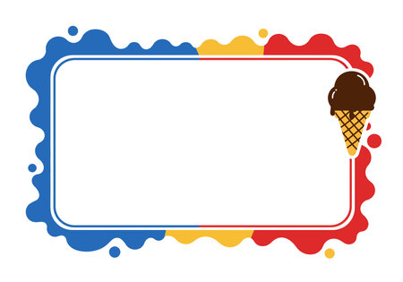 Ice cream border clip art. This image shows a colorful border with blue, yellow, and red splashes and a chocolate ice cream cone on the right side. Vector illustration design.のイラスト素材