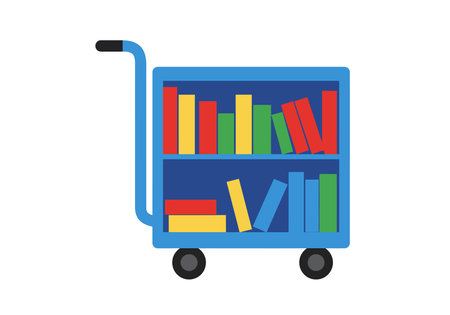 Book cart clipart. This image shows a blue book cart with two shelves filled with colorful books. Vector illustration design.のイラスト素材