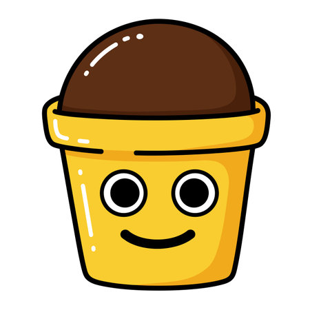 Ice cream carton clipart. This image shows a yellow ice cream carton with a brown scoop on top, featuring a smiling face with large, round eyes. Vector illustration design.のイラスト素材
