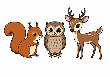 Animal friends clipart. This image shows a squirrel, an owl, and a deer standing side by side. Vector illustration design.のイラスト素材