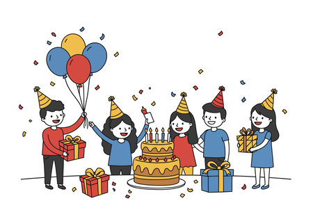 Birthday friend clipart. Friends celebrating with balloons, cake, and gifts. Vector illustration design.のイラスト素材