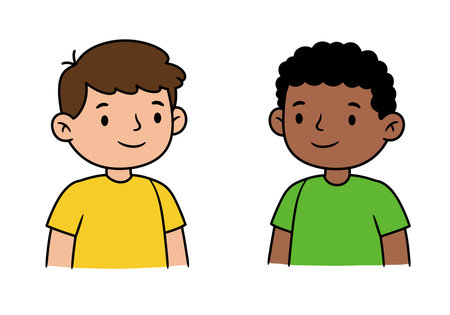 Clip art of two friends. Two boys standing side by side, one wearing a yellow shirt and the other wearing a green shirt. Vector illustration design.のイラスト素材