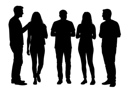 Silhouette friends clipart. Five people standing in a row, depicted as black silhouettes. Vector illustration design.のイラスト素材