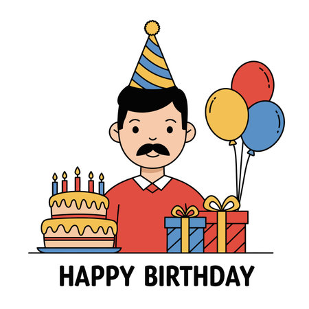 Happy birthday clip art for a man. A man with a mustache wearing a party hat and red sweater is celebrating his birthday with a cake, balloons, and gifts. Vector illustration design.のイラスト素材