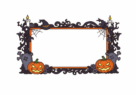 Clip art Halloween border. This image shows a Halloween-themed border with pumpkins, gravestones, candles, spider webs, and a witch hat. Vector illustration design.のイラスト素材