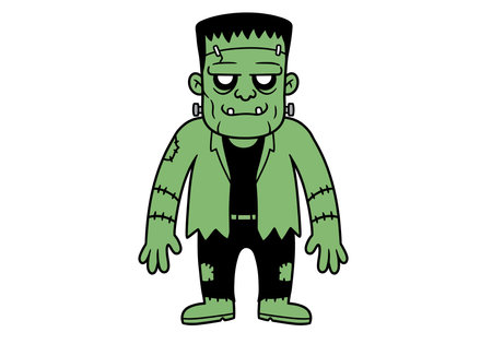 Frankenstein monster clipart. Green cartoon character with stitches, bolts, and torn clothes. Vector illustration design.のイラスト素材