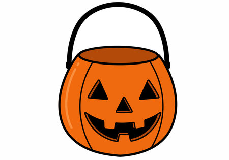 Halloween candy bucket clipart. An orange pumpkin-shaped bucket with a black handle and carved jack-o'-lantern face. Vector illustration design.のイラスト素材