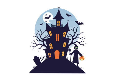 Halloween movie clip art. Haunted house with a witch holding a pumpkin lantern under a spooky night sky with bats. Vector illustration design.のイラスト素材