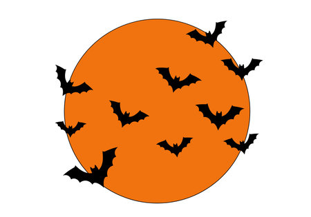 Halloween moon clip art. An orange moon with black bats flying around it creates a spooky Halloween atmosphere. Vector illustration design.のイラスト素材