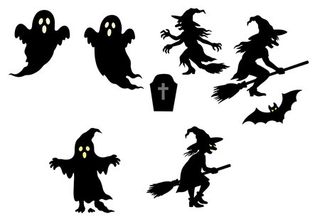 Silhouette Halloween clipart. This image shows various Halloween-themed silhouettes including ghosts, witches, a coffin, and a bat. Vector illustration design.のイラスト素材
