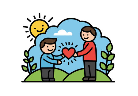 Clip art for kindness. Two people exchanging a heart under a smiling sun and clouds. Vector illustration design.のイラスト素材