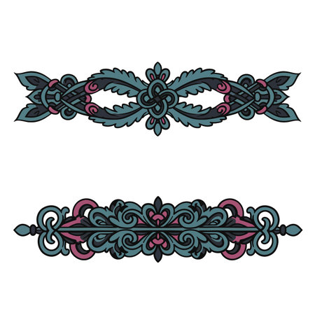Clipart decorative border. Two ornate, symmetrical designs with intricate patterns in teal, pink, and black. Vector illustration design.のイラスト素材