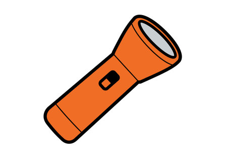 Clip art flashlight. This image shows an orange flashlight with a black outline, switch, and cylindrical design, perfect for emergency use. Vector illustration design.のイラスト素材