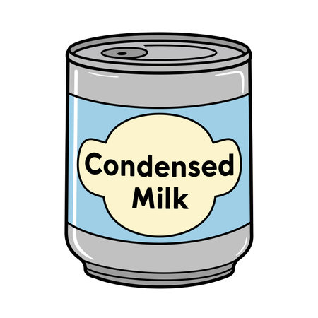 Condensed milk clipart. This image shows a can of condensed milk with a light blue label and cream-colored oval design. Vector illustration design.のイラスト素材
