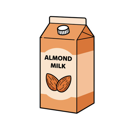 Almond milk clipart. Almond milk carton with almonds on the label and a beige background. Vector illustration design.のイラスト素材