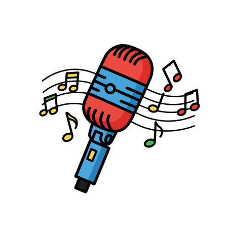 Microphone and music notes clipart. The image features a vibrant red and blue microphone surrounded by colorful music notes on a white background. Vector illustration design.のイラスト素材