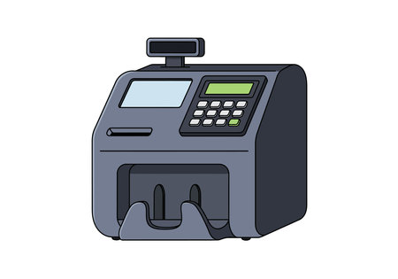 Cash counter machine clipart. This image shows a cash counter machine with a display screen, keypad, and cash slot. Vector illustration design.のイラスト素材