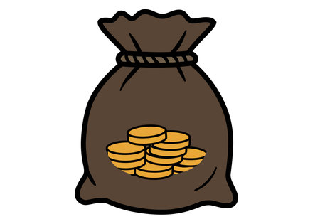 Coin bag clipart. This image shows a brown bag filled with gold coins, representing wealth and savings. Vector illustration design.のイラスト素材