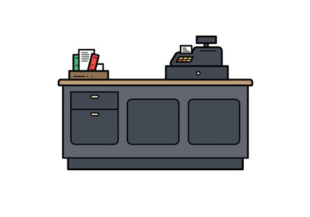 Cash counter clipart. This image shows a cash counter featuring a cash register and a tray holding...