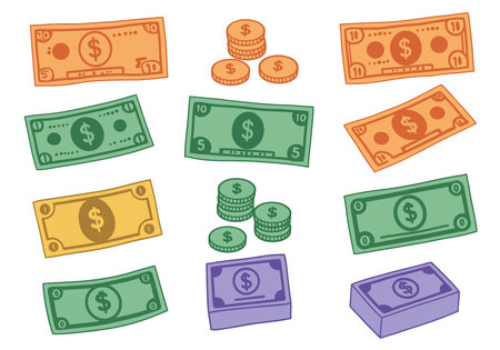 Clip art play money. This image shows various denominations of play money including bills and coins. Vector illustration design.のイラスト素材