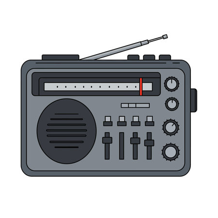 Battery powered radio clipart. A retro battery-powered radio with an antenna, knobs, sliders, and speaker, symbolizing sound and communication. Vector illustration design.のイラスト素材