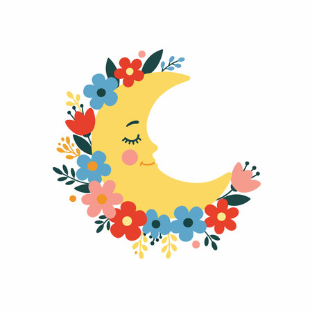 Moon flower clipart. The image shows a yellow crescent moon with a smiling face surrounded by colorful flowers and leaves. Vector illustration design.のイラスト素材