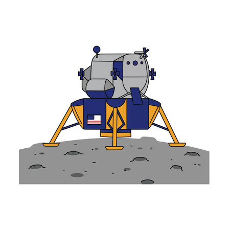 Lunar lander clipart. The image shows a lunar lander on the moon's surface with an American flag on...