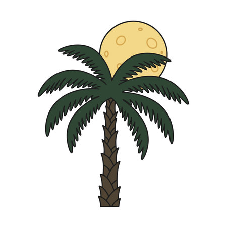 Palmetto tree and moon clipart. A palmetto tree with dark green fronds and a brown trunk is depicted with a yellow moon behind it. Vector illustration design.のイラスト素材