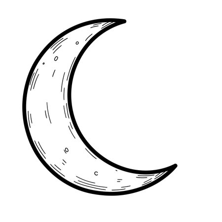 Moon drawing clipart. This image shows a crescent moon with textured lines and dots in a hand-drawn style. Vector illustration design.のイラスト素材