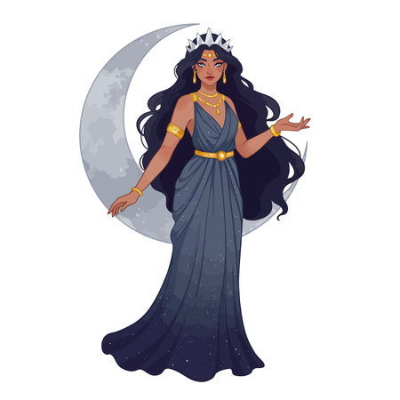 Moon goddess clipart. The illustration shows a celestial goddess with a starry gown and crown, standing gracefully in front of a crescent moon. Vector illustration design.のイラスト素材