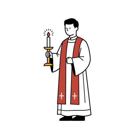 Altar server clipart. Priest holding a candle wearing garment characterized crosses, light emanating beautifully made gold. Vector illustration design.のイラスト素材