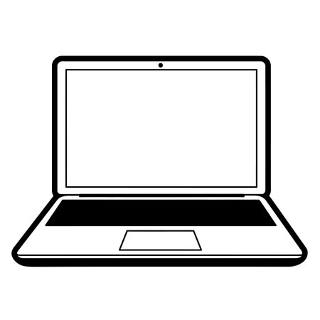Laptop clip art black and white. A black and white laptop illustration with a blank screen and keyboard, showcasing a simple and modern style. Vector illustration design.のイラスト素材