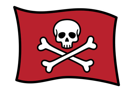 Clip art pirate flag. This image shows a red flag with a white skull and crossbones, symbolizing piracy or danger. Vector illustration design.のイラスト素材