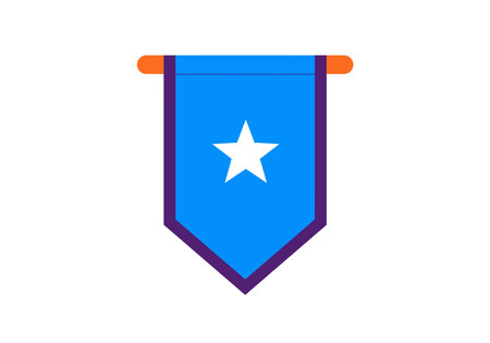 Pennant flag clip art. This image shows a blue pennant flag with a white star in the center, bordered by a purple outline and hanging from an orange rod. Vector illustration design.のイラスト素材