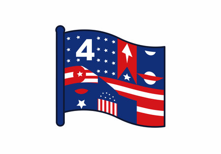 4th of July flag clipart. This image showcases a stylized American flag with stars and stripes in red, white, and blue celebrating Independence Day. Vector illustration design.のイラスト素材