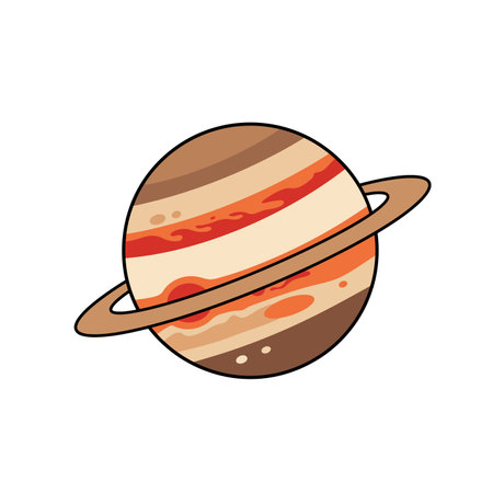 Clip art Jupiter. This image shows a clipart illustration of the planet Jupiter with rings and colorful stripes in shades of brown, orange, beige, and red. Vector illustration design.のイラスト素材