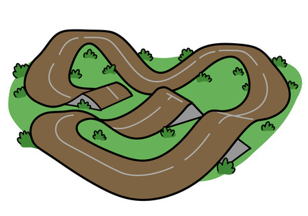 Dirt bike track clip art. The image shows a winding dirt bike track with jumps and curves surrounded by green grass and bushes. Vector illustration design.のイラスト素材