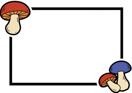 Mushroom border clipart. This image shows a rectangular border with mushrooms at the top left and bottom right corners. Vector illustration design.のイラスト素材