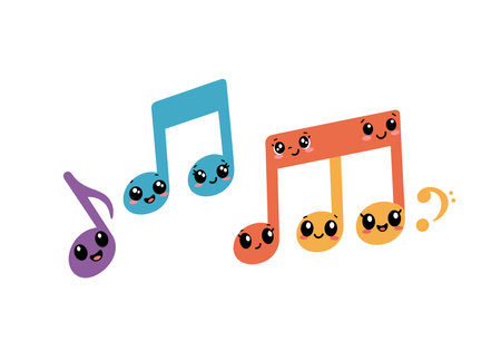 Cocomelon music notes clipart. Colorful music notes with cute faces and expressions, enhancing a playful and delightful theme. Vector illustration design.のイラスト素材